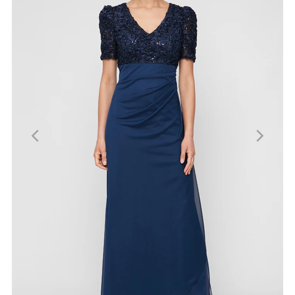 Alex Evenings Long Empire Waist Dress Soutache Bodice Cascade Ruffle Skirt 10
